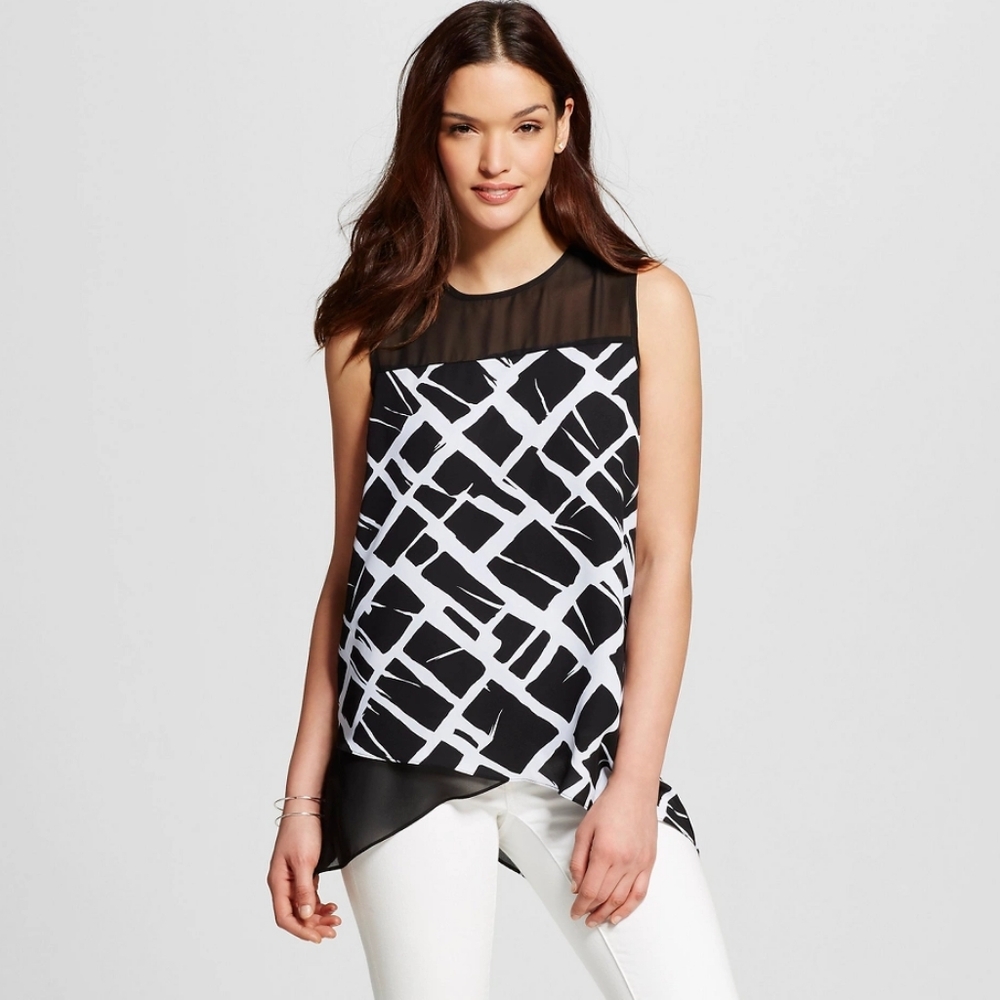 Zac & Rachel Sleeveless Asymmetrical Hem Blouse, L, Black/White